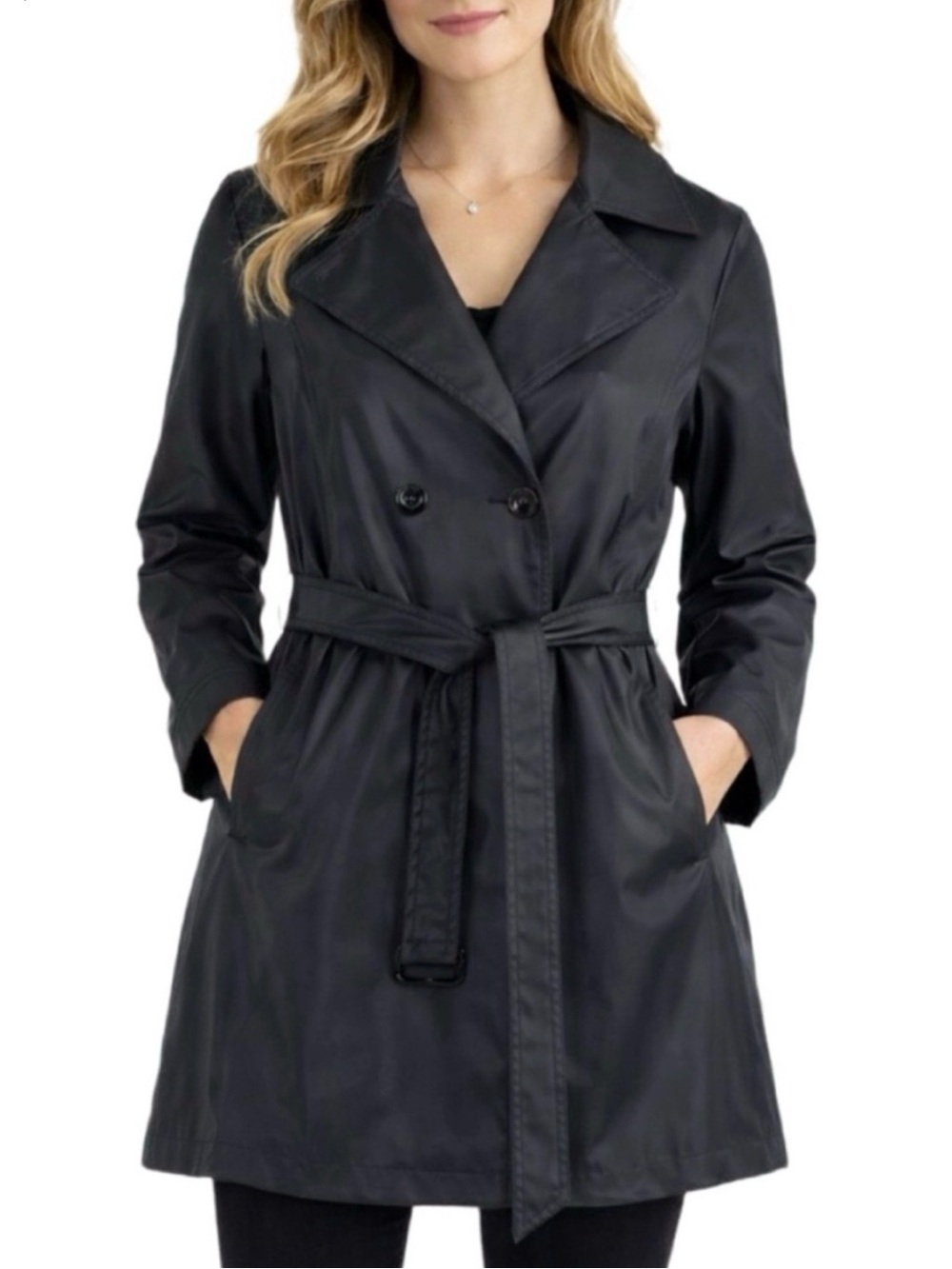 FuDa NY Black Belted Trench Raincoat Nylon Double Breasted Jacket Medium - Picture 6 of 7